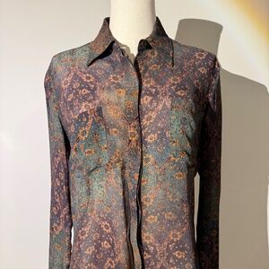 Peruvian Connection, Viscose Sheer Blouse, Green, Purple, Gold Blouse, Size S